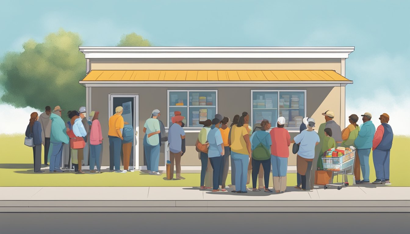 A line of people wait outside a small food pantry in Menard County, Texas, while a nearby bank offers financial assistance