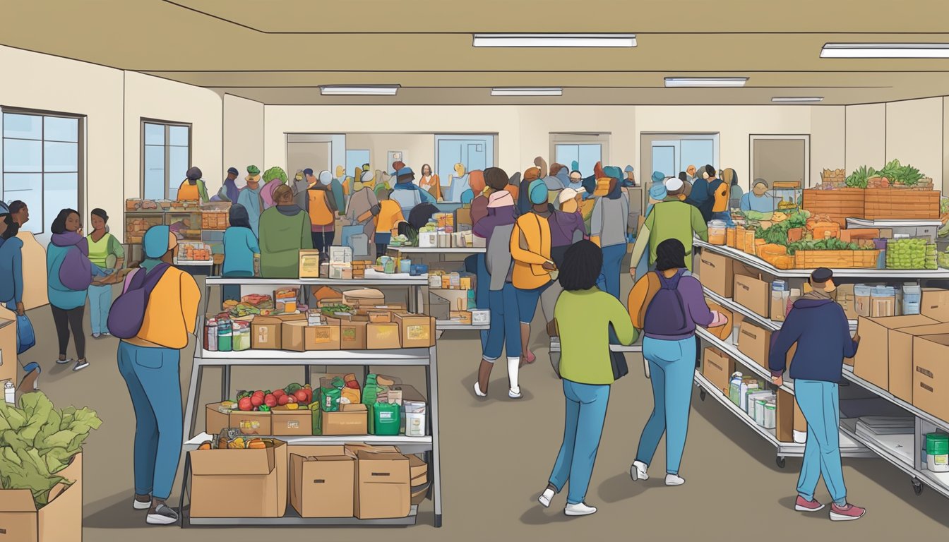 A bustling food pantry in King County, Texas, with volunteers distributing free groceries to those in need during a holiday or special event