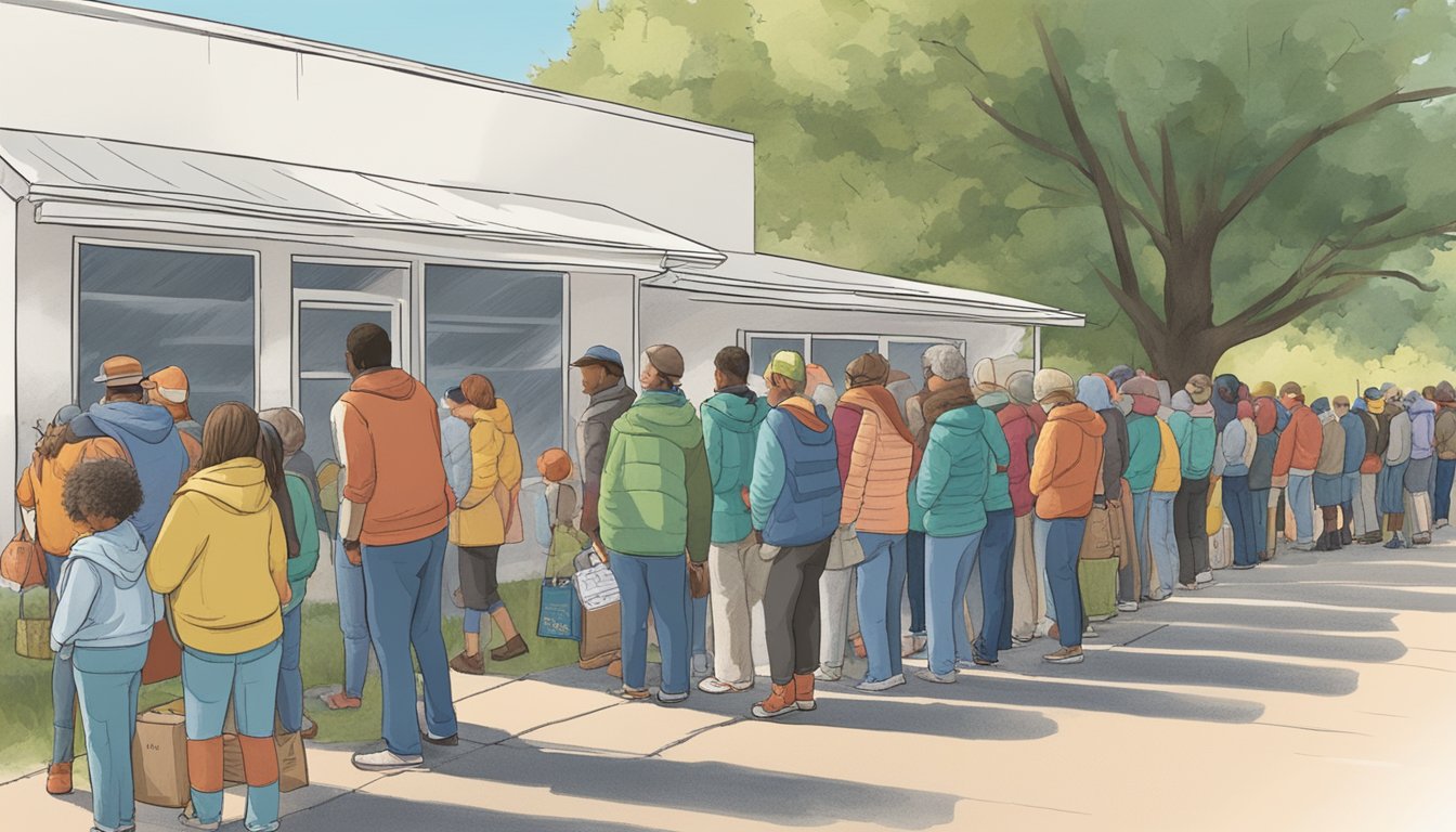 A line of people waits outside a food pantry in Menard County, Texas, as volunteers distribute free groceries to those in need