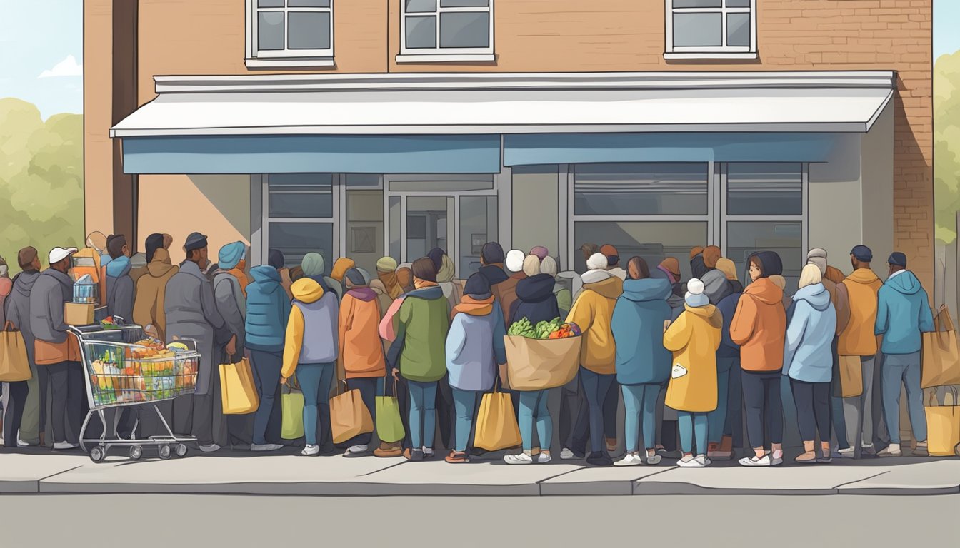 A line of people waiting outside a food pantry, with volunteers handing out bags of groceries and food items