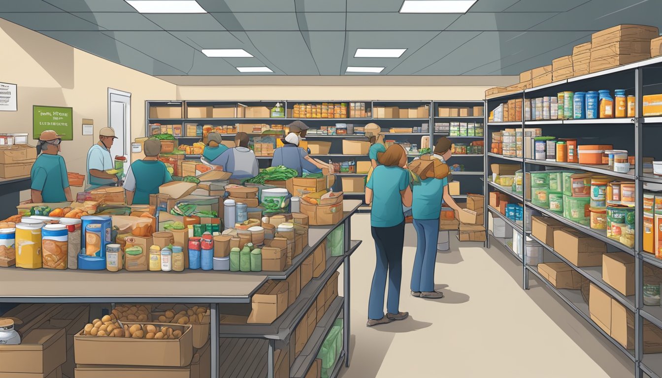 A bustling food pantry in Menard County, Texas, with shelves stocked full of groceries and volunteers assisting those in need