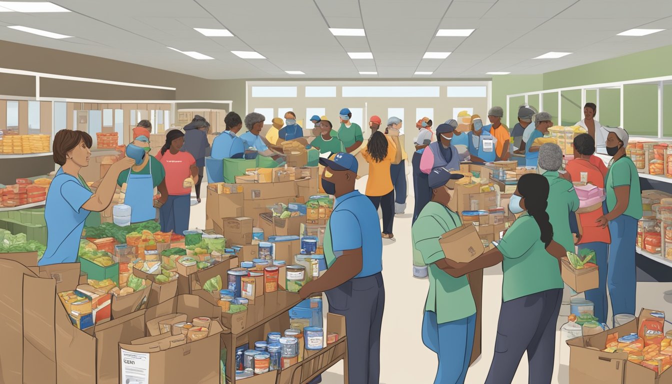 A bustling food pantry in Mitchell County, Texas, with volunteers distributing free groceries to those in need