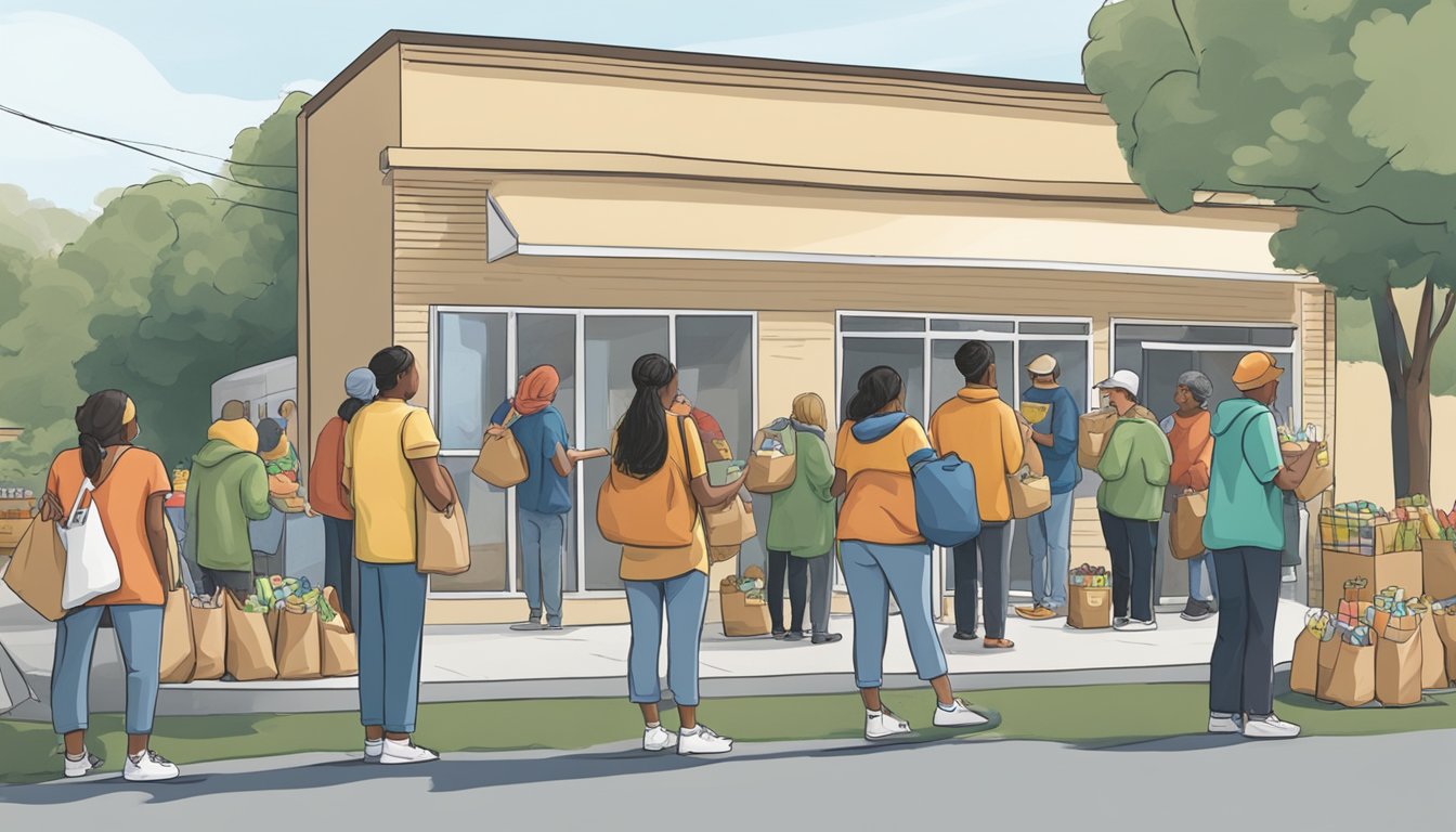 A line of people waits outside a small food pantry. Volunteers hand out bags of groceries to those in need