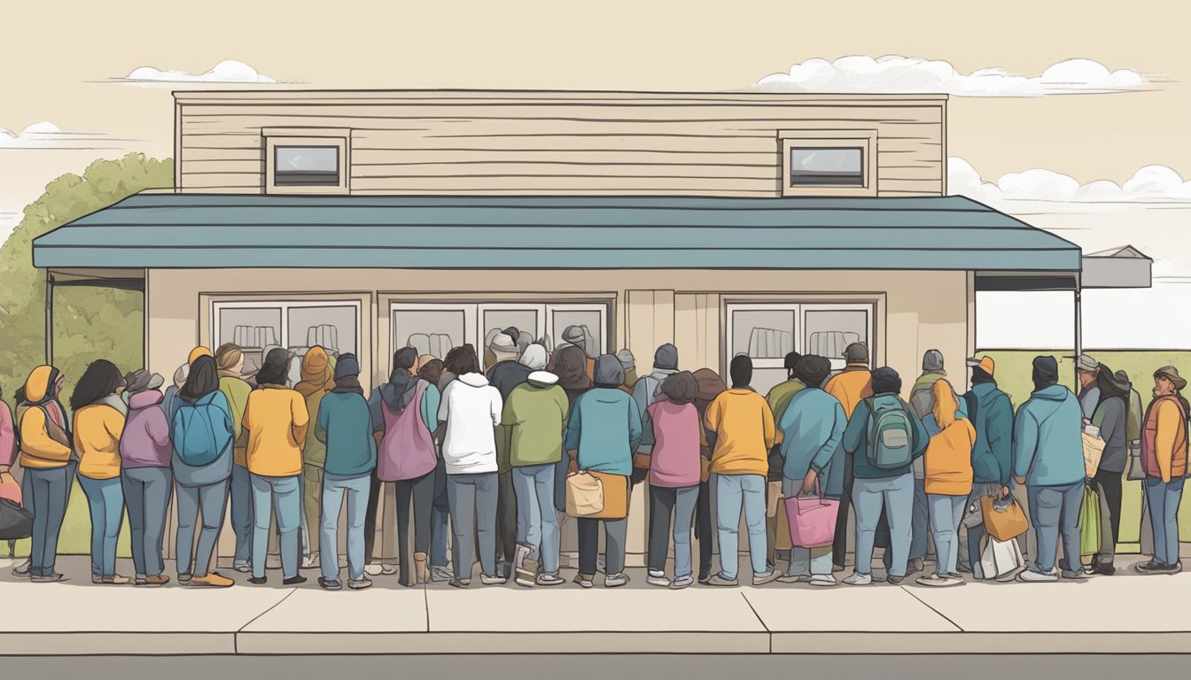 A line of people waits outside a small food pantry in Mitchell County, Texas. Volunteers hand out bags of groceries to those in need