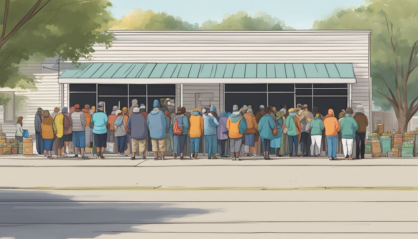 A line of people wait outside a food pantry in Menard County, Texas, as volunteers distribute free groceries to those in need