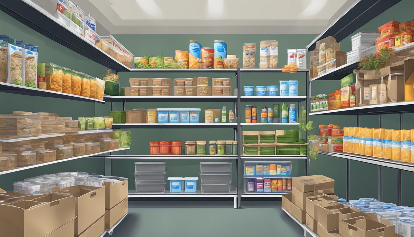 A community food pantry with shelves stocked full of free groceries and supplies for those in need in Mitchell County, Texas