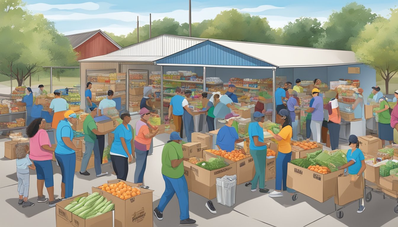 A bustling food pantry in Menard County, Texas, with volunteers distributing free groceries to those in need