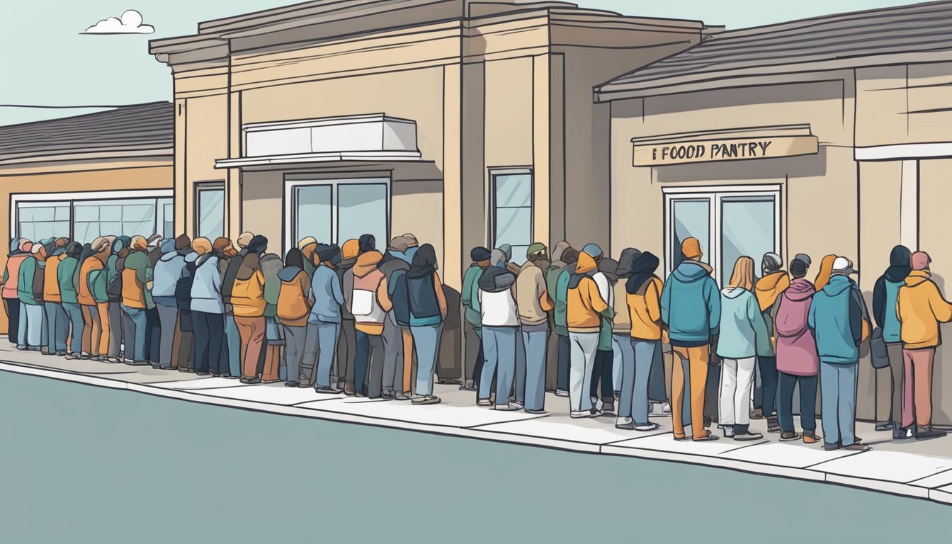 A line of people waits outside a food pantry in Knox County, Texas. Volunteers distribute free groceries to those in need