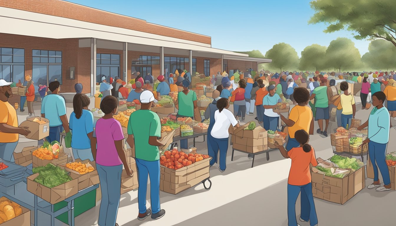 A bustling community center with volunteers distributing free groceries and holiday meals to residents in need in Menard County, Texas