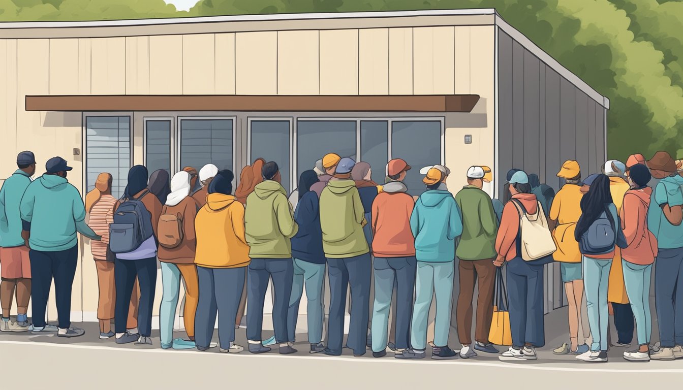 A line of people waits outside a food pantry in Knox County, Texas. Volunteers hand out free groceries to those in need