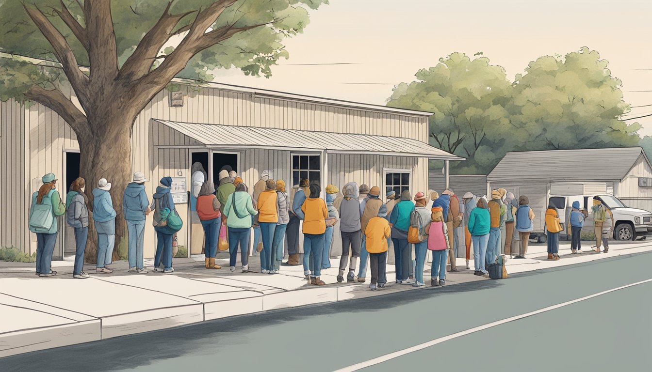 A line of people waits outside a small food pantry in Menard County, Texas. Volunteers distribute bags of groceries to those in need