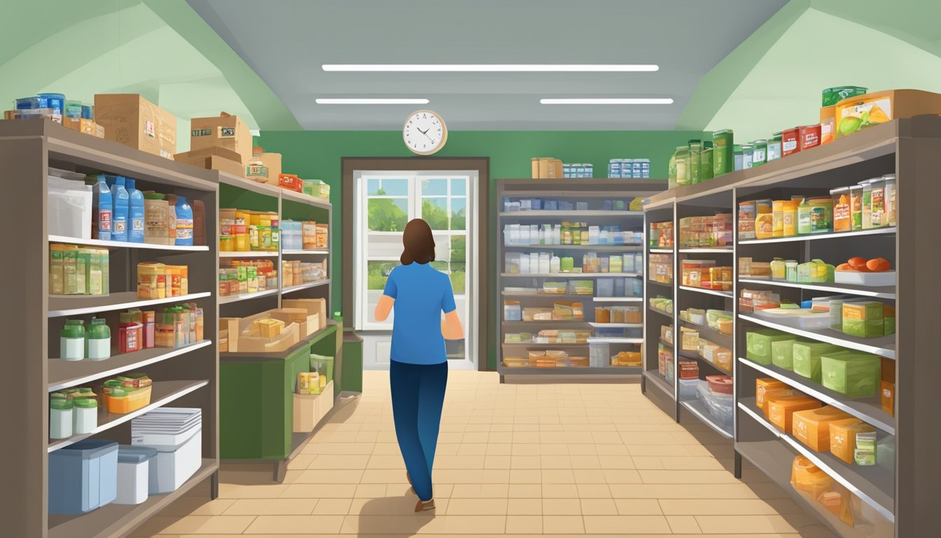 A bustling food pantry with open doors and a sign displaying schedules and hours of operation for free groceries in Knox County, Texas