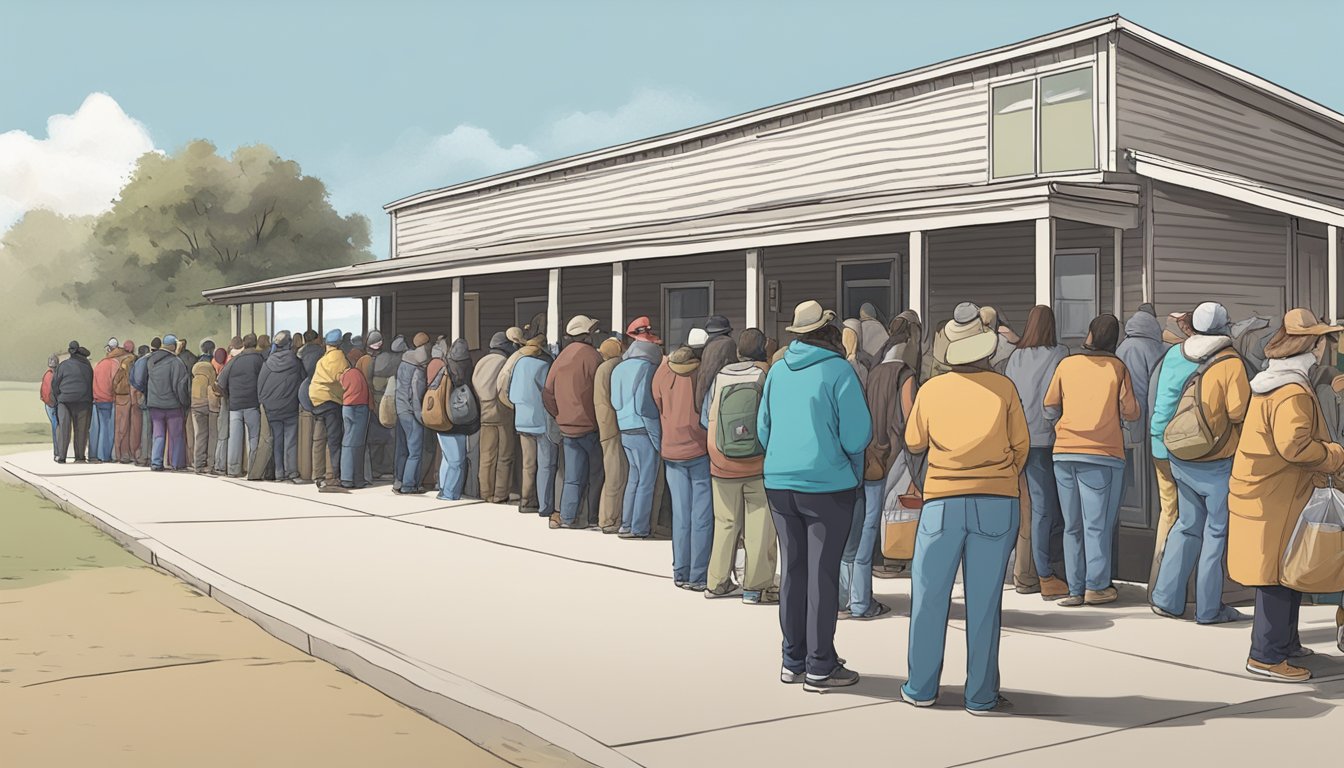 A line of people wait outside a food pantry in Moore County, Texas, as volunteers distribute free groceries to those in need