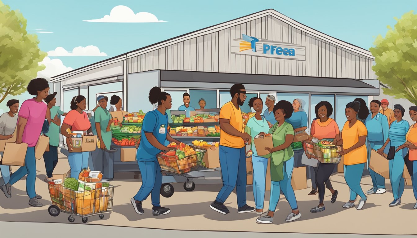 A diverse group of people receiving free groceries and food from specialized services in Knox County, Texas