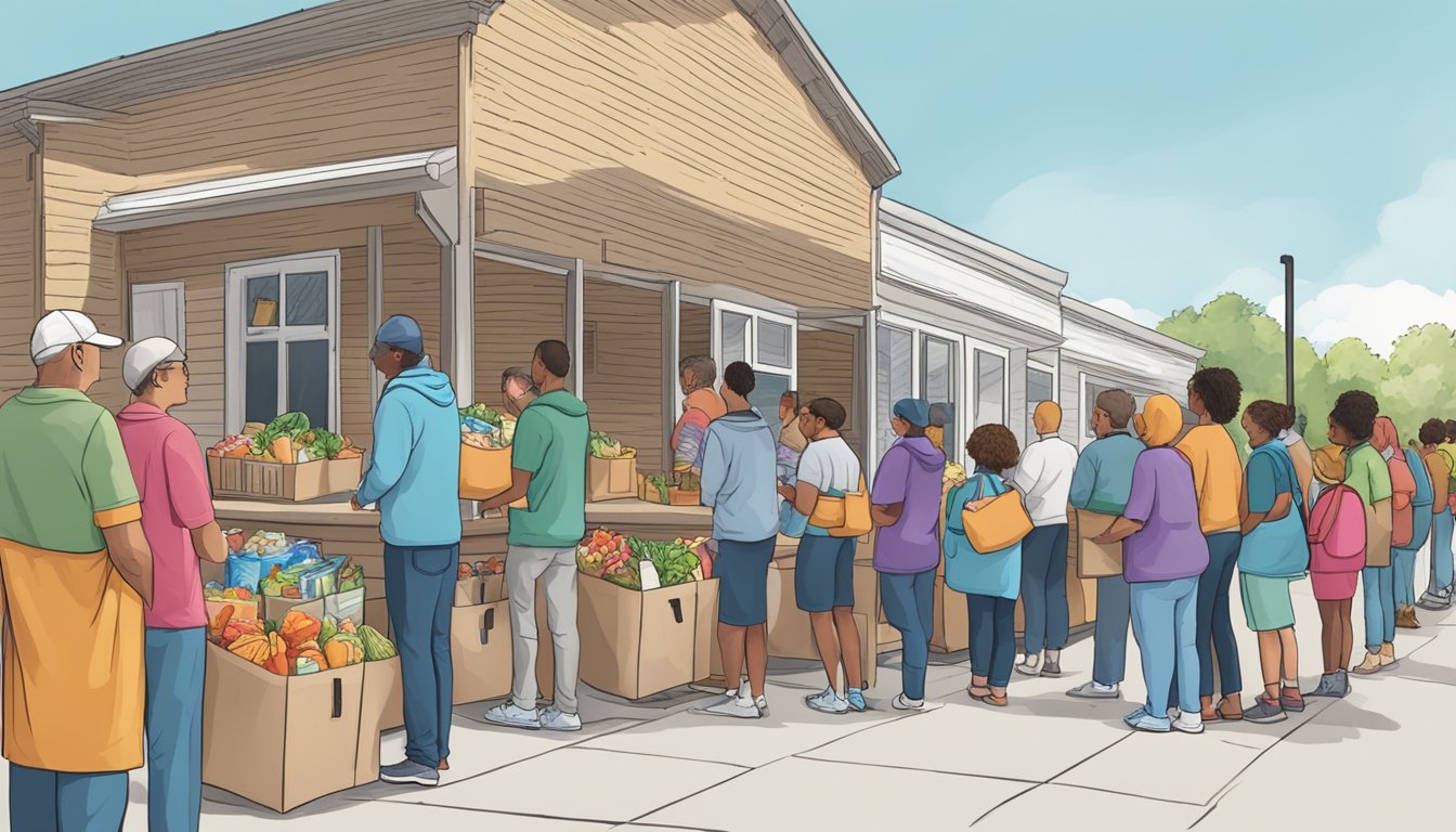 A line of people waiting outside a food pantry, with volunteers handing out bags of groceries