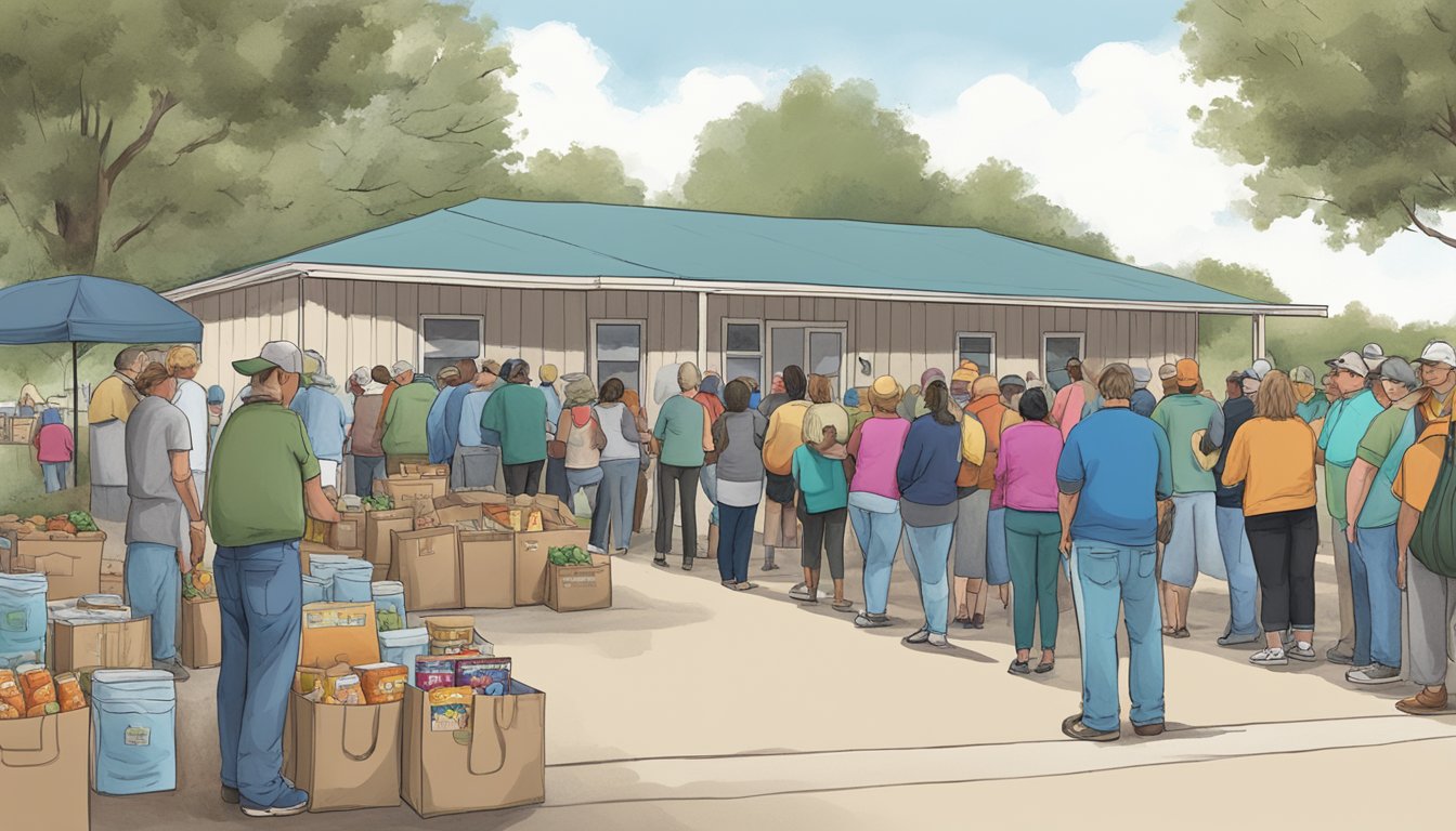 A line of people wait outside a food pantry in Moore County, Texas, with bags of groceries being handed out by volunteers