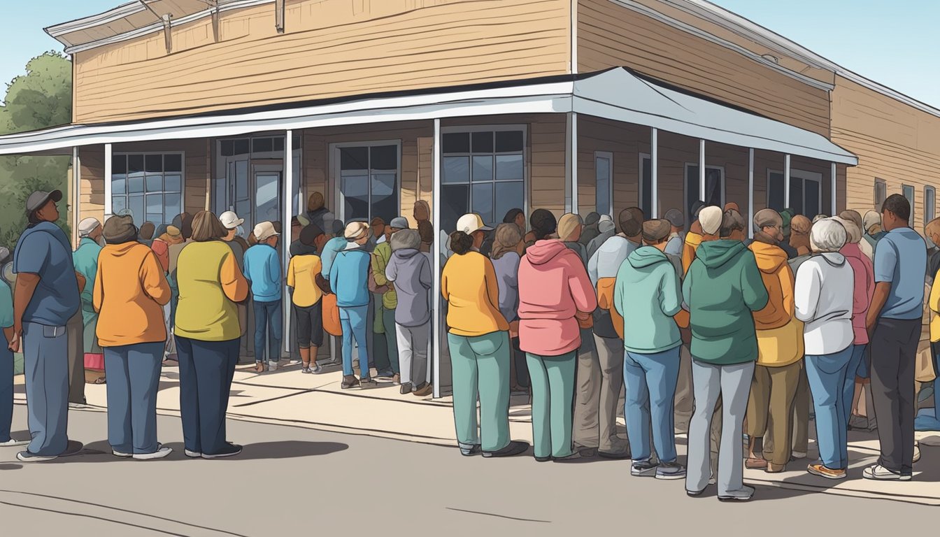 People lining up outside a food pantry in Mills County, Texas, waiting to receive free groceries and support for food insecurity