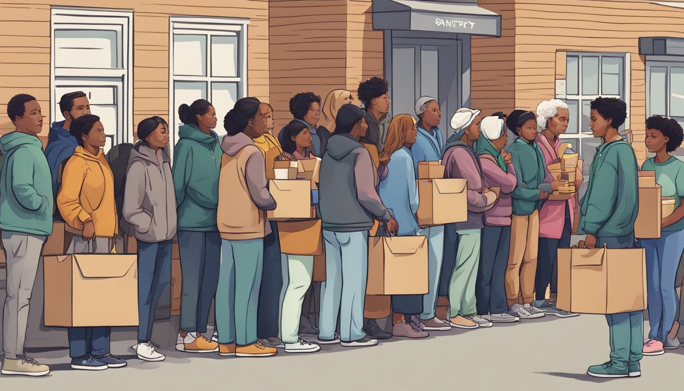 A line of people waiting outside a food pantry, with volunteers handing out groceries and supplies from boxes and shelves