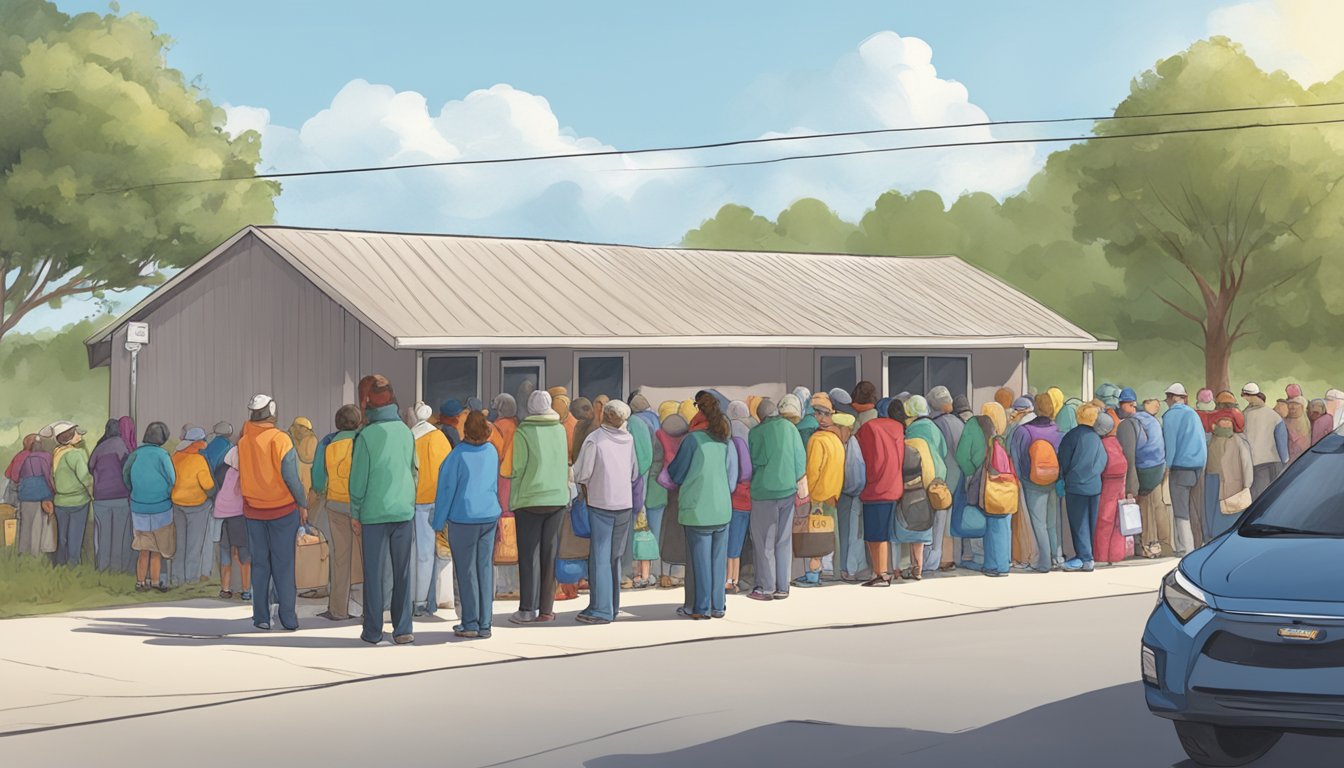 A line of people waits outside a small food pantry in Moore County, Texas. Volunteers hand out bags of groceries to those in need