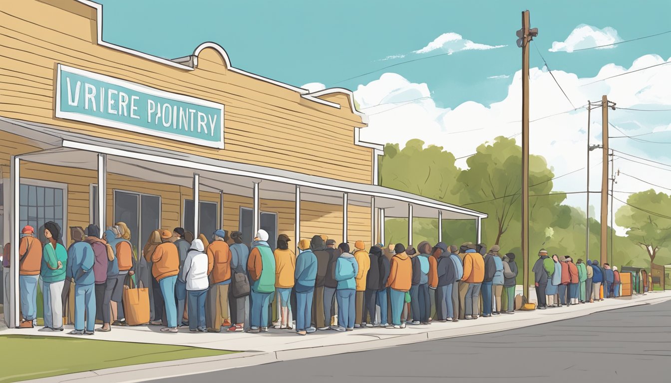 A line of people waiting outside a food pantry in Knox County, Texas. Volunteers distribute free groceries to those in financial need