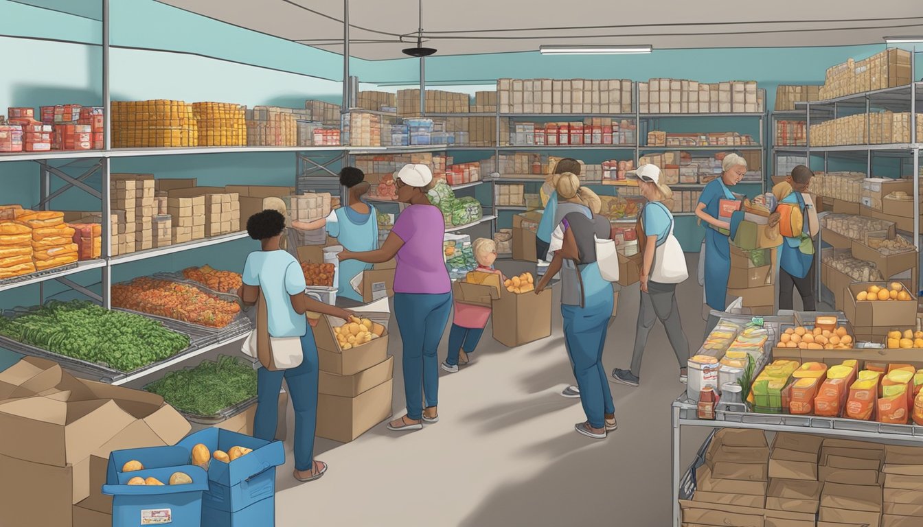 A bustling food pantry in Mills County, Texas, with volunteers distributing free groceries to those in need