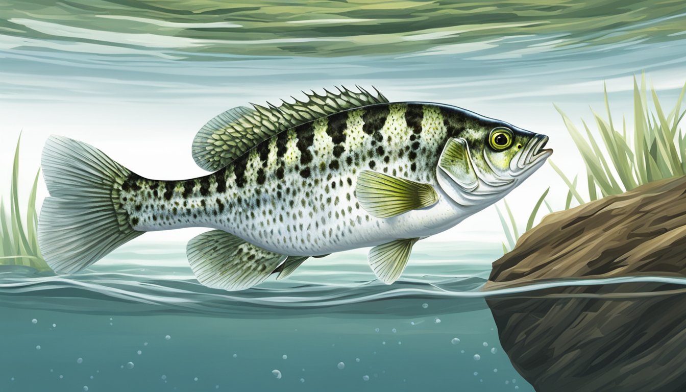 A white crappie swims near a submerged log, ready to strike at a passing minnow