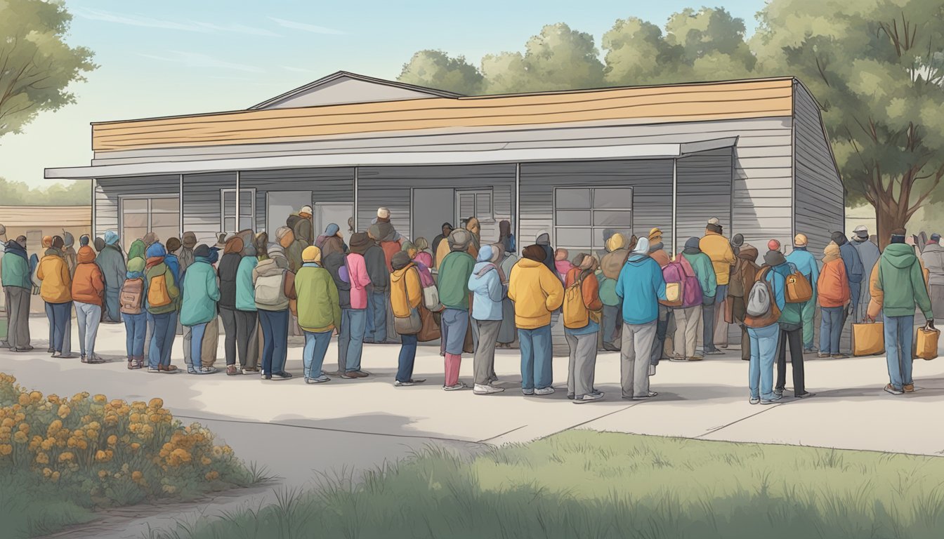 A line of people waits outside a food pantry in Moore County, Texas. Volunteers distribute free groceries to those in need