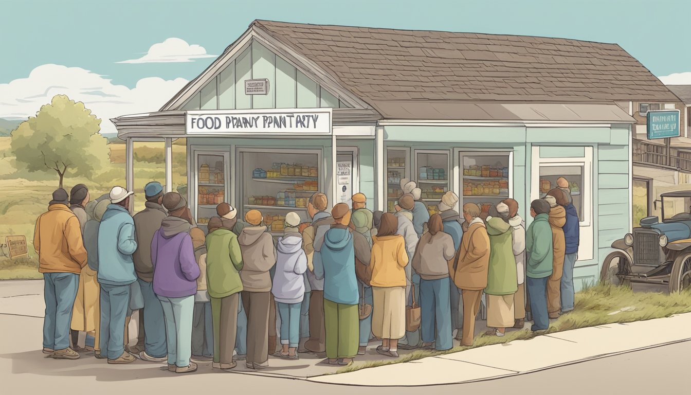 A line of people waiting outside a small food pantry in a rural town, with a sign listing available resources