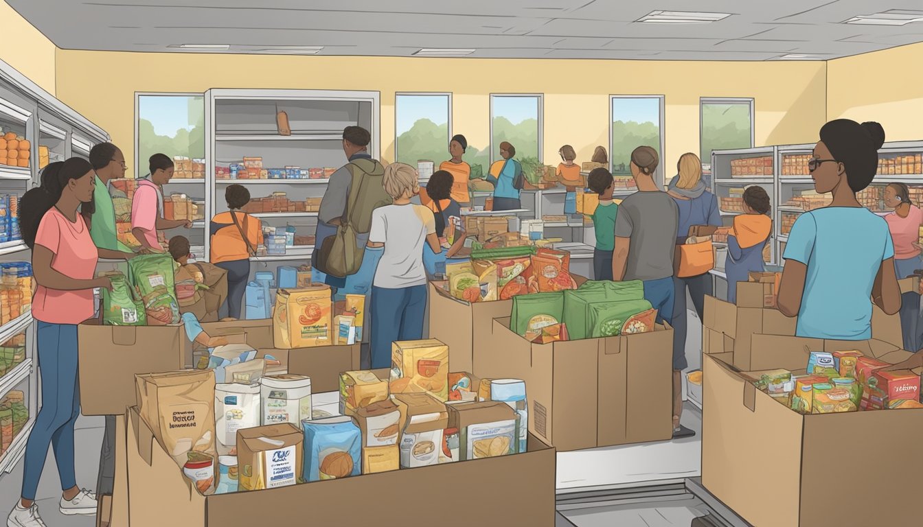 A bustling food pantry in Moore County, Texas, with volunteers distributing free groceries to those in need