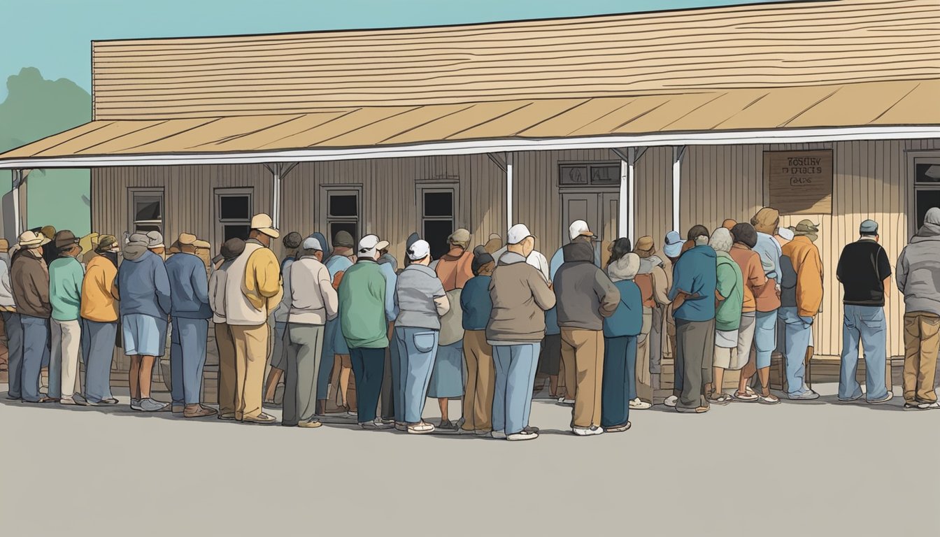 People lining up outside a food pantry in Mills County, Texas, waiting to receive free groceries and food assistance