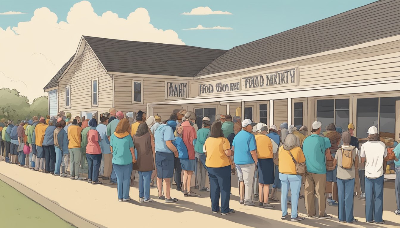 A line of people waiting outside a small food pantry in Moore County, Texas. Volunteers hand out free groceries to those in need