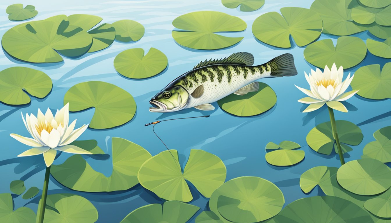 A serene lake with a fishing rod casting into the water, surrounded by lily pads and reeds. A white crappie swims just beneath the surface, ready to be caught