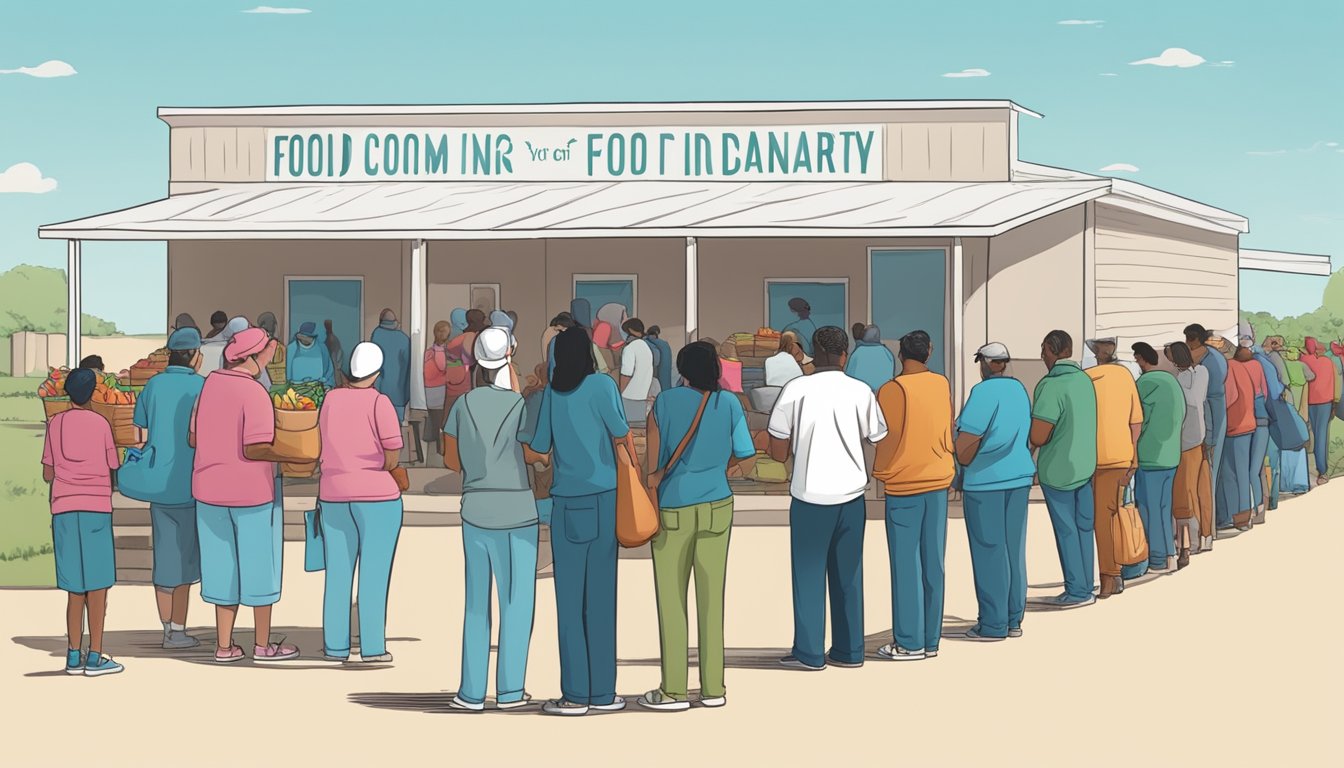 A line of people waits outside a food pantry in Lamb County, Texas. Volunteers hand out free groceries to those in need