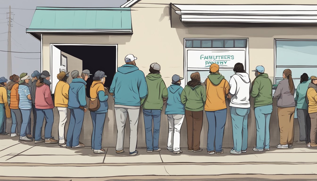 A line of people waits outside a food pantry in Mills County, Texas. Volunteers hand out free groceries to those in need