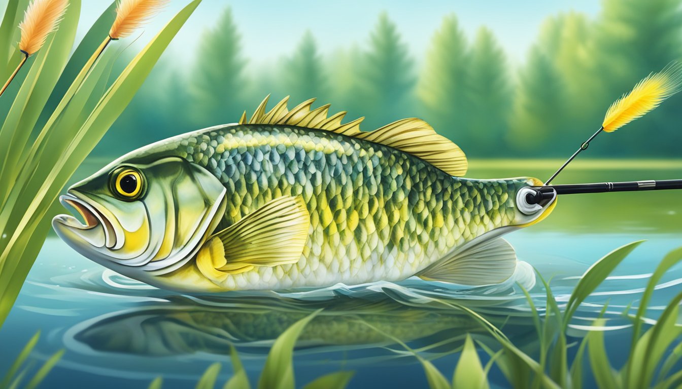 A sunny day on a calm lake, a fishing rod with a vibrant lure is cast into the water, where a white crappie lurks among the reeds