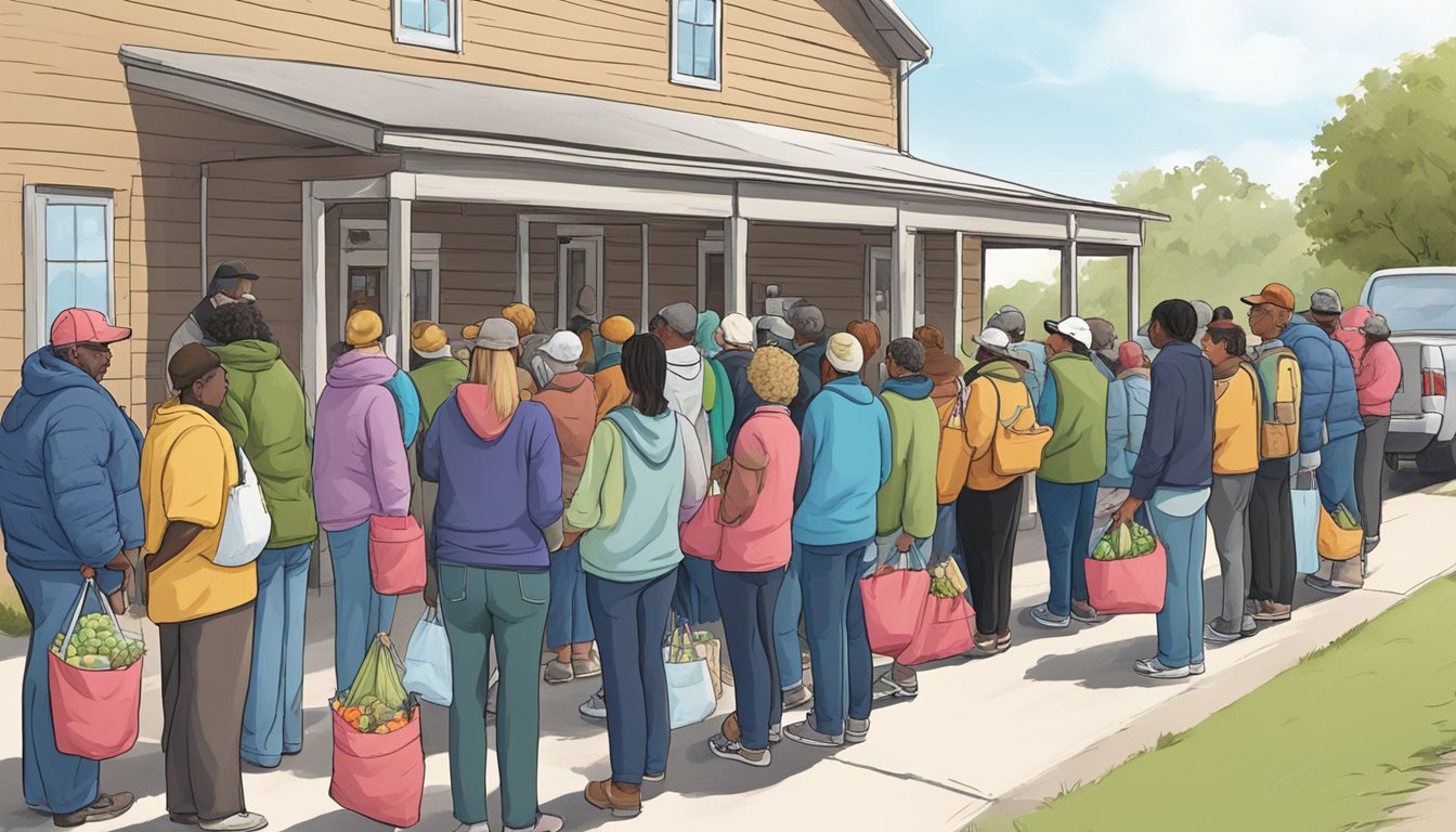 A line of people wait outside a small food pantry in Mills County, Texas. Volunteers hand out bags of groceries to those in need