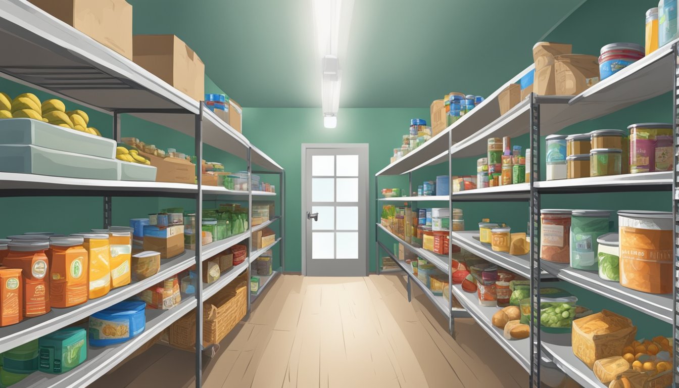 A bustling food pantry in Lamb County, Texas, with shelves stocked full of fresh produce, canned goods, and other essential items for those in need