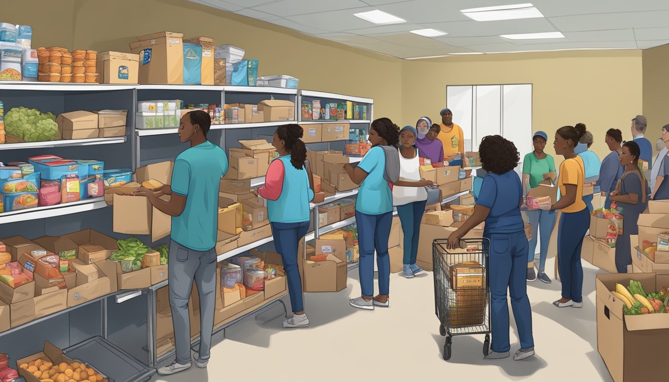 A bustling food pantry in Nacogdoches County, Texas, with volunteers distributing free groceries to those in need