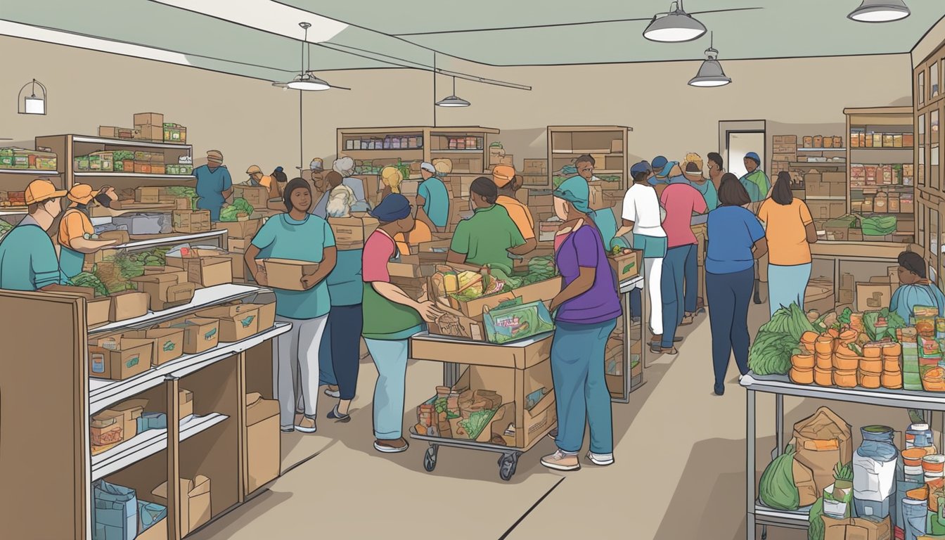 A bustling food pantry in Mills County, Texas, with volunteers distributing free groceries to those in need