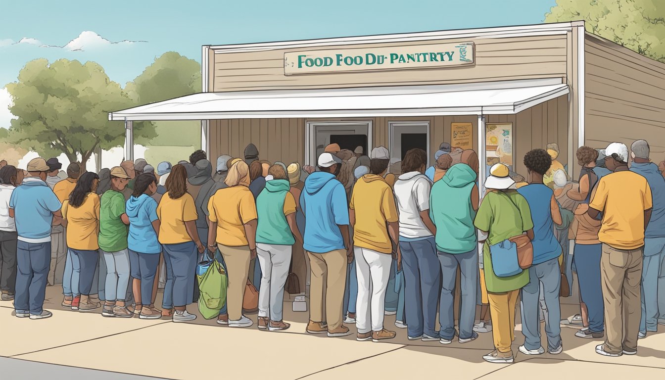 A line of people waiting outside a food pantry in Lamb County, Texas, with volunteers handing out free groceries and supplies