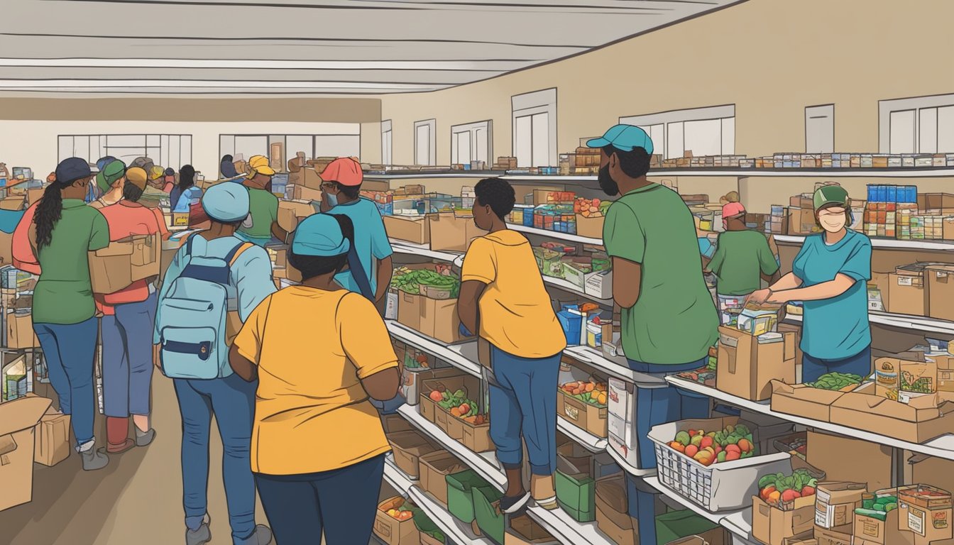 A bustling food pantry in Nacogdoches County, Texas, with volunteers distributing free groceries to those in need