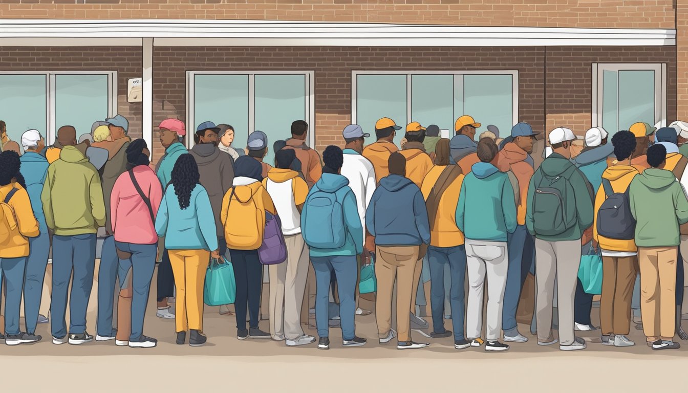 A line of people waiting outside a food pantry in Nacogdoches County, Texas, with volunteers distributing free groceries to those in need