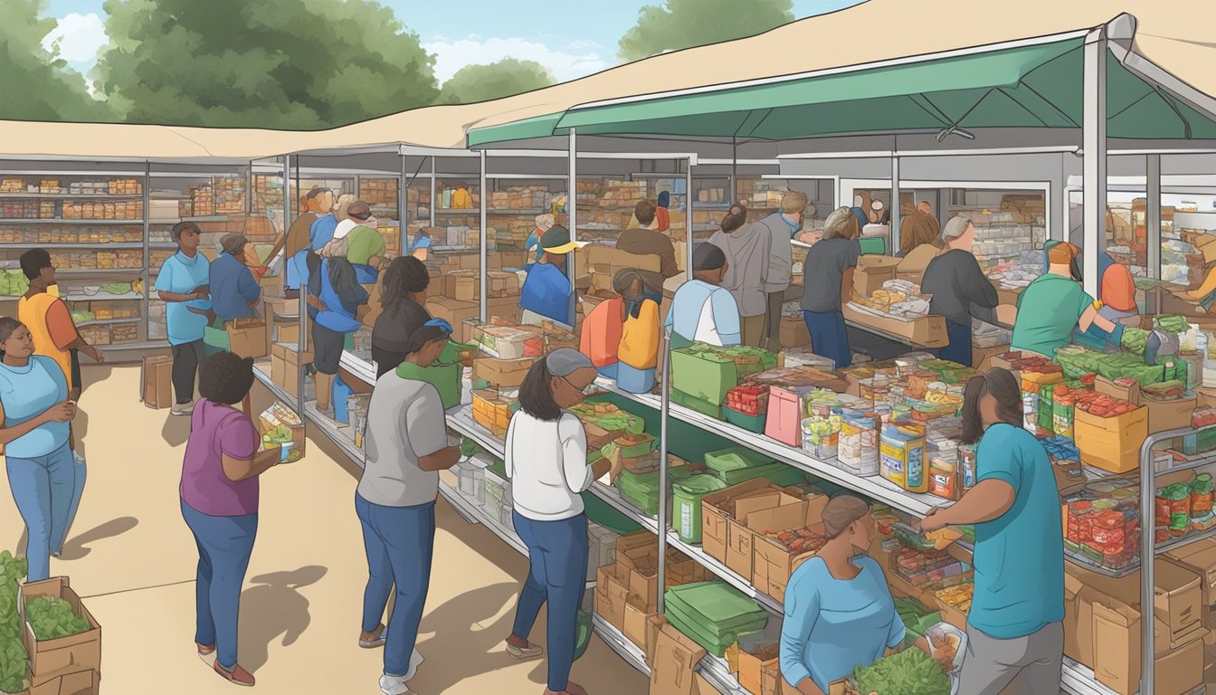 A bustling food pantry in Nacogdoches County, Texas, with volunteers handing out free groceries to those in need