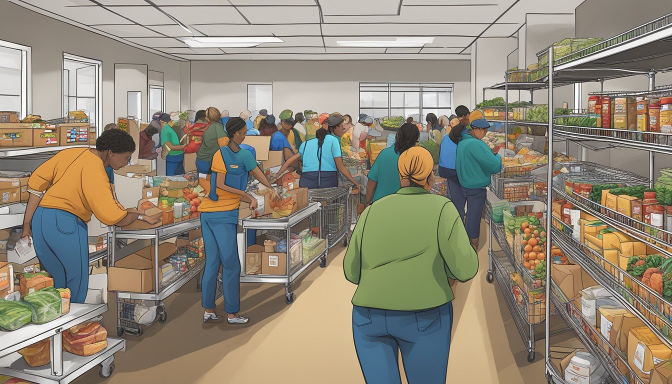 A bustling food pantry in Nacogdoches County, Texas, with volunteers distributing free groceries to those in need