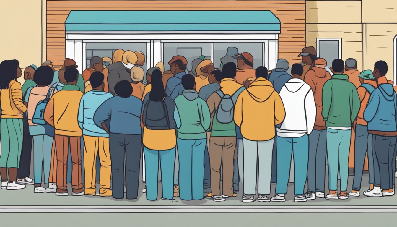 A diverse group of people line up outside a food pantry, waiting to receive free groceries in Montgomery County, Texas