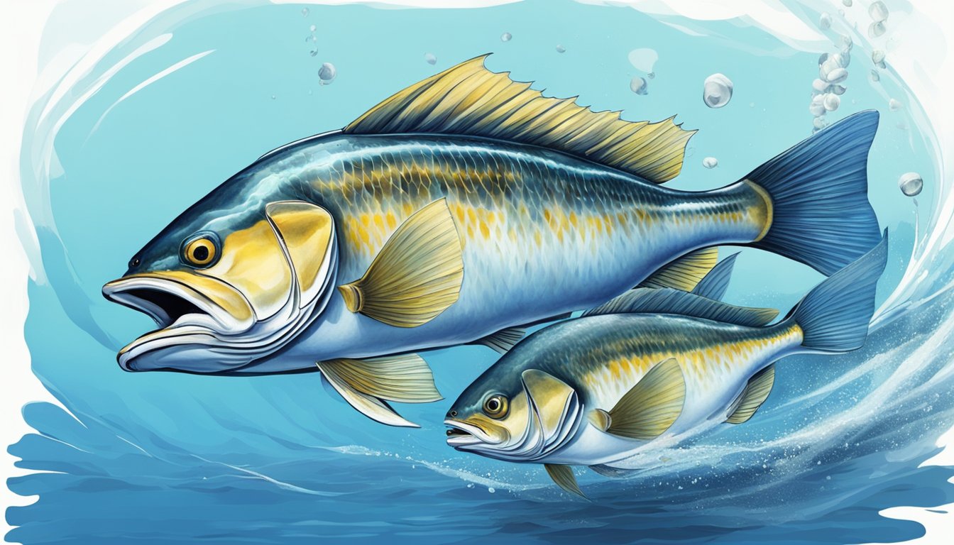 A large uhu fish catches and consumes a smaller uhu fish in the clear, blue waters of the ocean