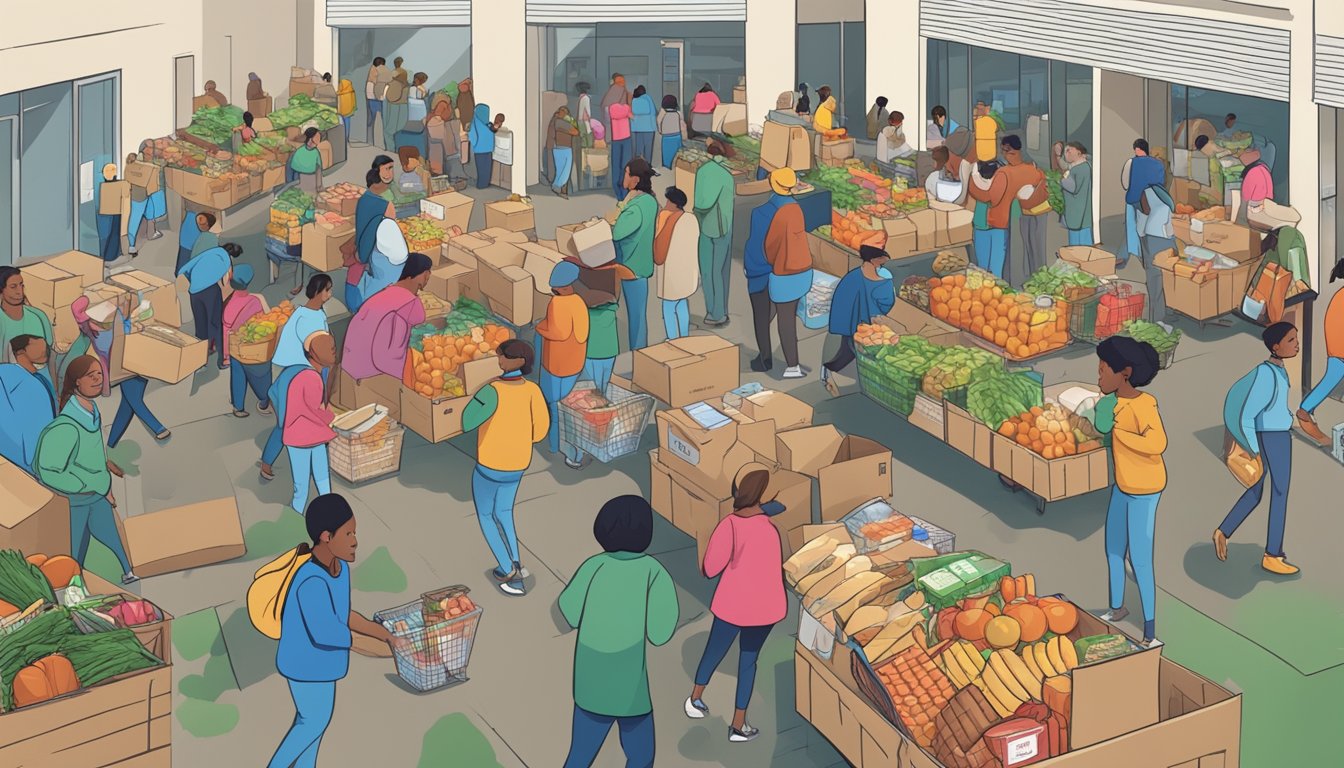 A bustling food bank distributing free groceries to those in need