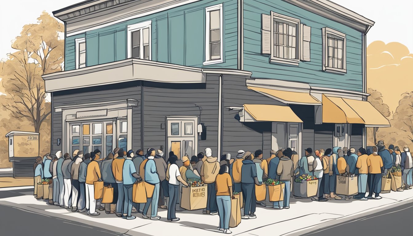 A line of people wait outside a small building with a sign reading "Free Groceries and Food Pantry." Volunteers hand out bags of food to those in need