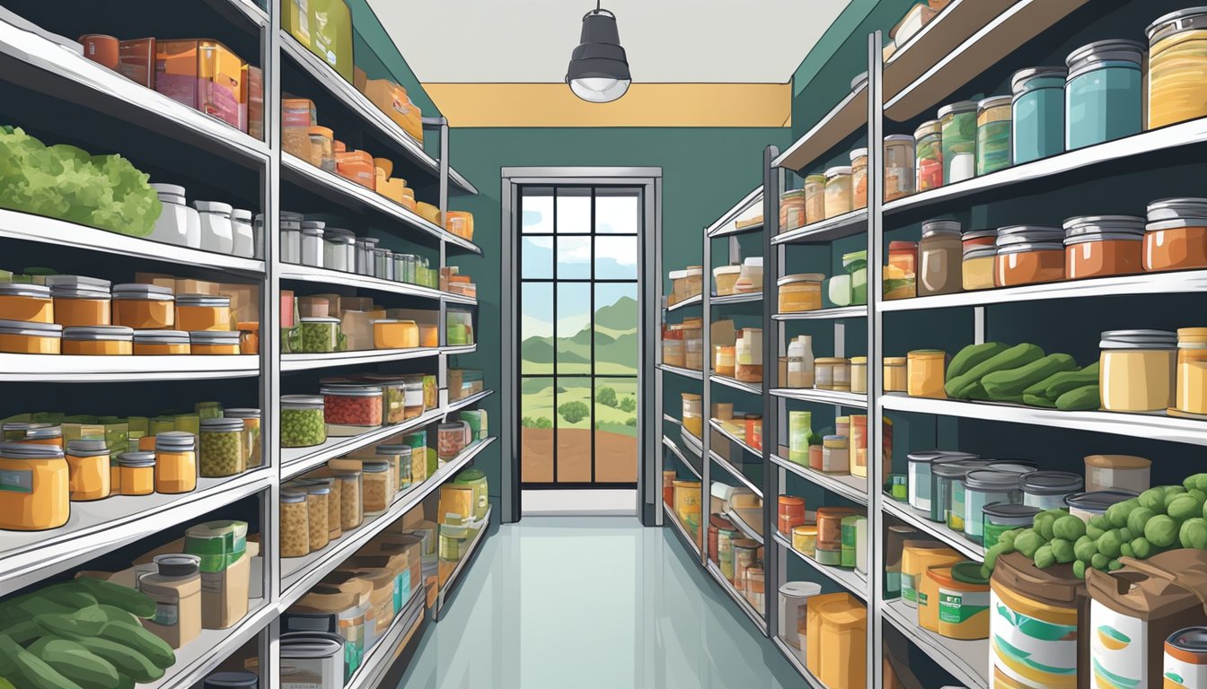 A bustling food pantry with shelves stocked full of canned goods, fresh produce, and other essential items for those in need