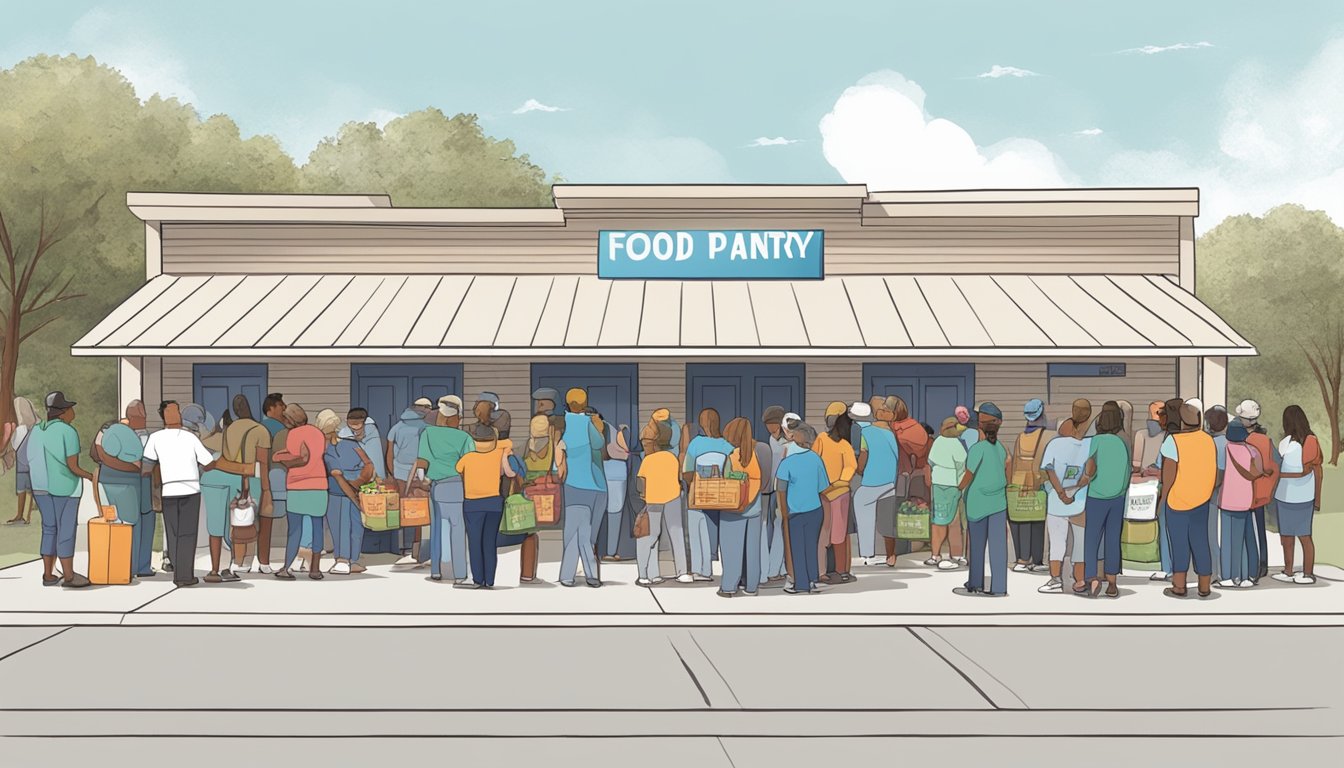 A line of people waiting outside a food pantry in Lee County, Texas, with volunteers handing out free groceries and supplies